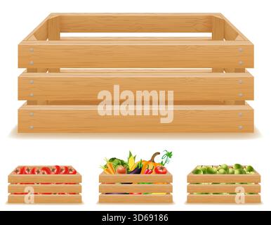box made of wooden with fresh and healthy vegetables cartoon stock vector illustration isolated on white background Stock Vector