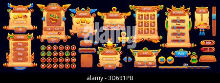 Egypt game bar asset, vector UI panels and boards. Cartoon interface elements of scroll shaped menu, golden buttons, victory defeat screen, shop and progress bar. Ancient Egypt game papyrus frames set Stock Vector