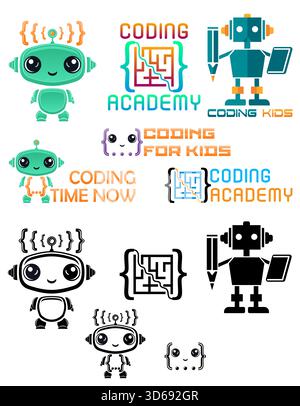 coding kids programming training logo for your business or company set logotype cartoon stock color and black and white vector illustration isolated o Stock Vector