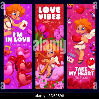 Valentine day banners with love cupid characters for holiday, vector greetings. Valentine day cherub angels with arrow in heart, harp and love message envelope on pink clouds with balloons and flowers Stock Vector