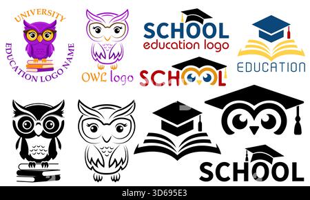 owl education logo for university college school and your business or company set logotype cartoon stock color and black and white vector illustration Stock Vector