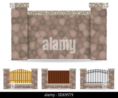 fence made from wooden stone brick cartoon stock vector illustration isolated on white background Stock Vector