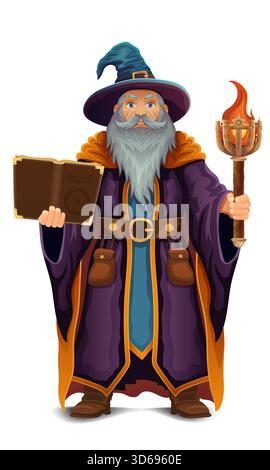ancient fantasy magic sorcerer wizard witcher elderly man with beard in hat and cape cartoon vector illustration isolated on white background Stock Photo