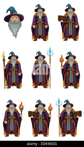 ancient fantasy magic sorcerer wizard witcher elderly man with beard in hat and cape cartoon vector illustration isolated on white background Stock Photo