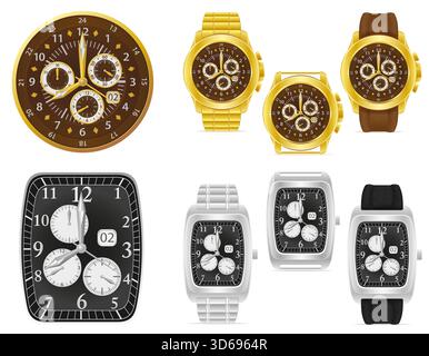 gold and silver mechanical wristwatch with a leather or metal bracelet cartoon stock vector illustration isolated on white background Stock Photo