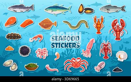 Cartoon seafood and fish stickers pack with vector tuna, trout, shellfish and lobster, crab shrimp, squid and octopus. Oyster and caviar, seaweed, eel, mussel and scallop seafood cartoon stickers Stock Vector