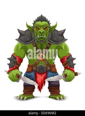 menacing and scary green goblin troll orc stands in a warlike pose cartoon vector illustration isolated on white background Stock Vector