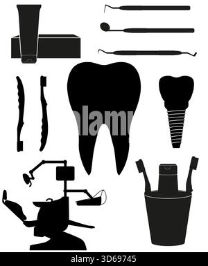 dental items and equipment black silhouette cartoon stock vector illustration isolated on white background Stock Vector