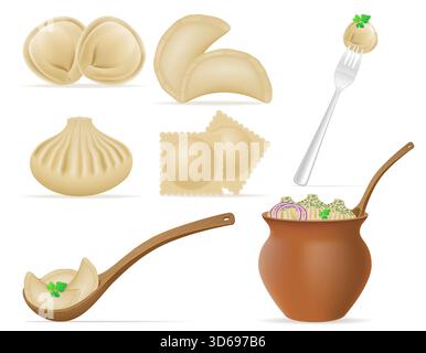 variety of dumplings made from dough and minced meat cartoon stock vector illustration isolated on white background Stock Vector