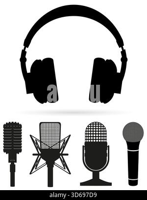 headphones with microphone icons black silhouette cartoon stock vector illustration isolated on white background Stock Vector