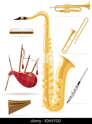 lots of different wind musical instruments cartoon stock vector illustration isolated on white background Stock Vector