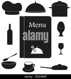 items and equipment for kitchen  restaurant black silhouette cartoon stock vector illustration isolated on white background Stock Vector