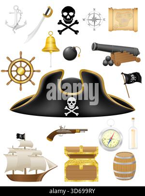 pirate sailing nautical eguipment items icons cartoon stock vector illustration isolated on white background Stock Vector