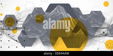 Abstract composition with wireframe hexagons, dots, and lines. Vector Stock Vector