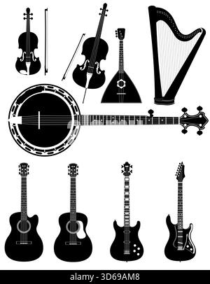 stringed musical instruments black silhouette cartoon stock vector illustration isolated on white background Stock Vector
