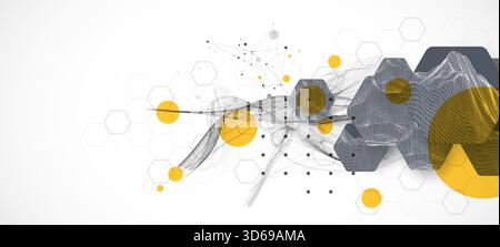 Abstract composition with wireframe hexagons, dots, and lines. Vector Stock Vector