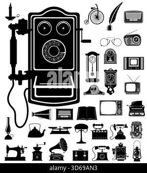 much objects items retro old vintage icons black silhouette cartoon stock vector illustration isolated on white background Stock Vector