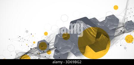 Abstract composition with wireframe hexagons, dots, and lines. Vector Stock Vector