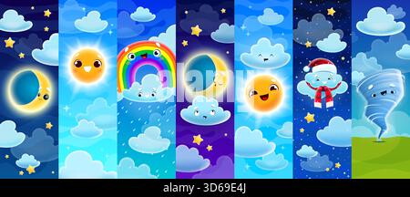 Cartoon weather characters of smiling sun, crescent moon, fluffy clouds, twinkling star, rainbow with raindrops and cheerful tornado. Vector collage of cute weather personages with cute smiling faces Stock Vector