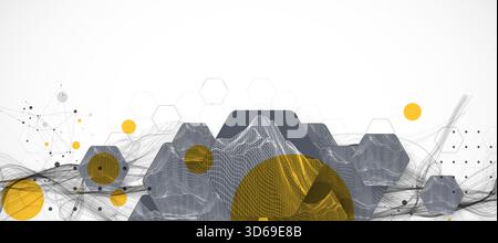 Abstract composition with wireframe hexagons, dots, and lines. Vector Stock Vector