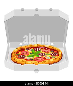 crispy pizza in cardboard box freshly baked with sausage, tomatoes, olives, mushrooms and cheese vector illustration isolated on white background Stock Vector