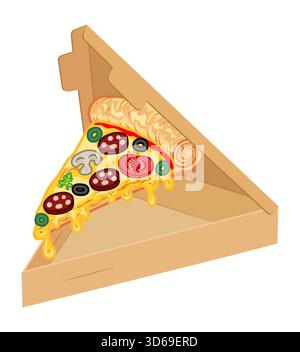 crispy pizza in cardboard box freshly baked with sausage, tomatoes, olives, mushrooms and cheese vector illustration isolated on white background Stock Vector