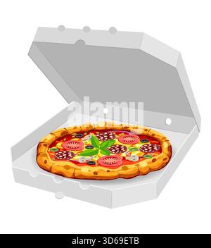 crispy pizza in cardboard box freshly baked with sausage, tomatoes, olives, mushrooms and cheese vector illustration isolated on white background Stock Vector
