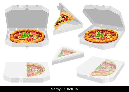 crispy pizza in cardboard box freshly baked with sausage, tomatoes, olives, mushrooms and cheese vector illustration isolated on white background Stock Vector