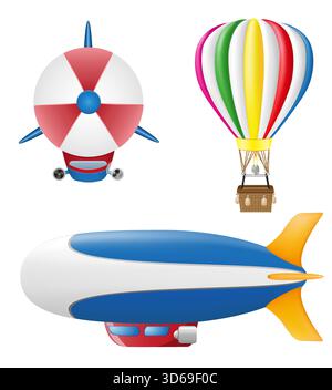 obsolete old retro aircraft airship zeppelin and hot air balloon cartoon stock vector illustration isolated on white background Stock Vector