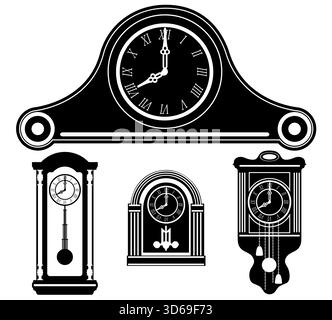 clock items retro old vintage icons black silhouette cartoon stock vector illustration isolated on white background Stock Vector