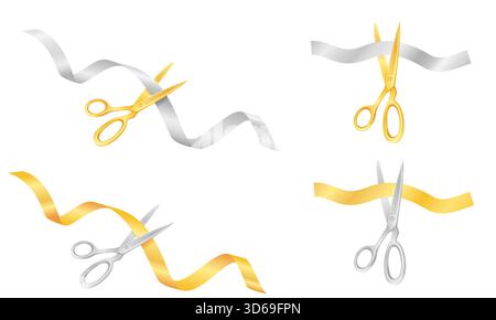 scissors cutting a satin ribbon at an opening or ceremony cartoon stock vector illustration isolated on white background Stock Vector