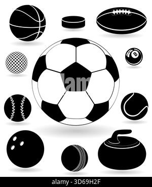 diverse sport balls black silhouette cartoon sock vector illustration isolated on white background Stock Vector