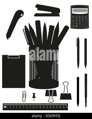 diverse stationery black silhouette cartoon stock vector illustration isolated on white background Stock Vector