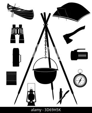 items and equipment for outdoor recreation camping tourism cartoon stock black silhouette vector illustration isolated on white background Stock Vector