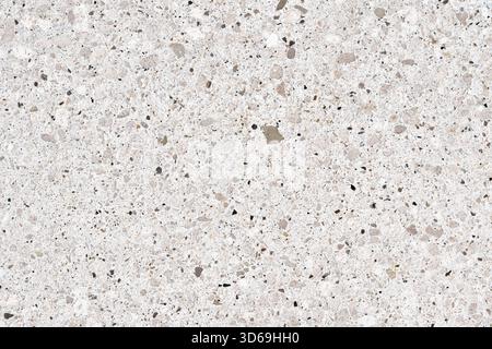 High-resolution seamless texture of light gray composite stone, likely terrazzo or quartz. Features small pebbles in shades of gray, black, and beige. Stock Photo