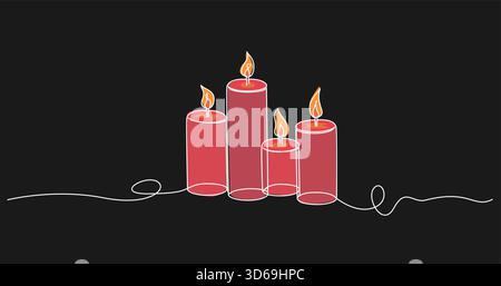continuous line drawing of four burning candles, advent wreath candles line art vector illustration Stock Vector