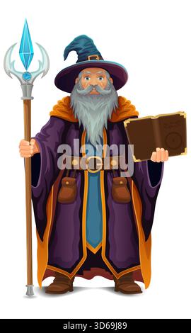 ancient fantasy magic sorcerer wizard witcher elderly man with beard in hat and cape cartoon vector illustration isolated on white background Stock Vector