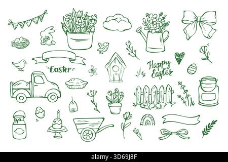 Farm easter doodles collection green on white background Stock Vector