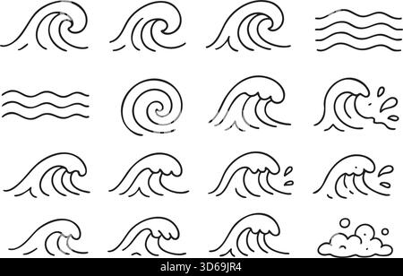 Wave icons doodle style, hand drawn. Vector stock illustration . Stock Vector