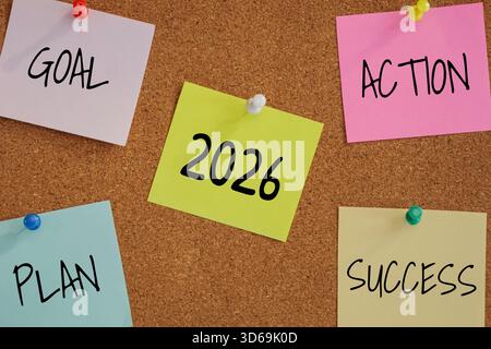 5 post-it paper pin on board with number 2026 in the middle and word goal, plan, action, success around. new year goal target concept Stock Photo