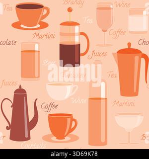 Seamless pattern with different drinks and text Stock Vector