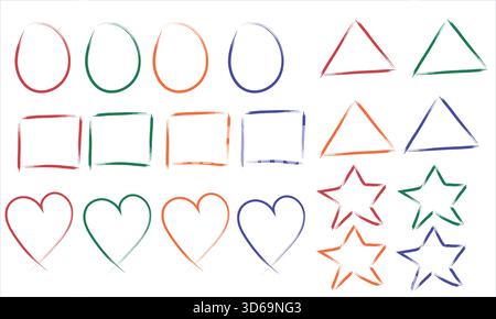 Hand Drawn Colorful Shapes Collection – Sketch Style Circles, Squares, Triangles, Hearts and Stars Outline Set for Design, Icons, Patterns, Stickers Stock Vector
