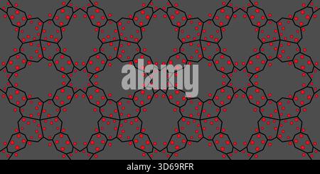 Unusual diagonal geometry seamless pattern. Creative ornament of broken lines and circles. Bright contrast colors. Fiery red circles and black lines o Stock Vector