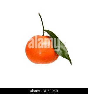 Fresh ripe tangerine with green leaf isolated on a white background. Stock Photo