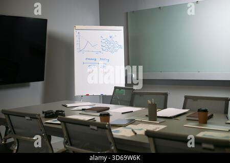 Empty modern conference room showing business meeting setup with documents, coffee cups, digital devices on table, whiteboard with charts and diagrams, large screen and glass board in background Stock Photo