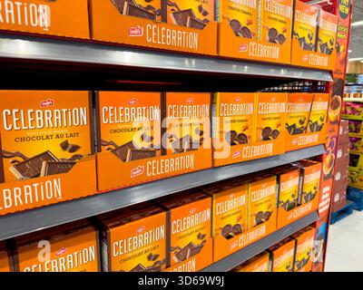 Winnipeg, Manitoba, Canada - 05-08-2023: Leclerc Celebration chocolate au lait cookies on display at a local grocery store. Stock Photo