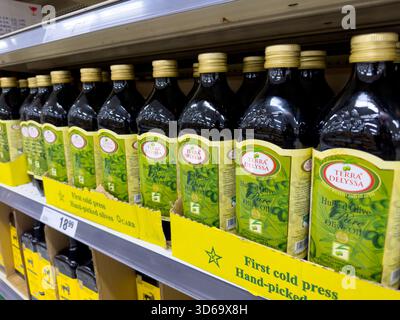 Winnipeg, Manitoba, Canada - 05-08-2023: A view of several bottles of Terra Delyssa olive oil, on display at a local grocery store. Stock Photo