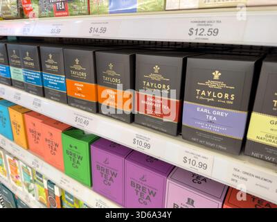 Winnipeg, Manitoba, Canada - 05-08-2023: A view of several packages of Taylors tea bags, on display at a local grocery store. Stock Photo