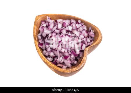 Diced Red onion in wooden bowl isolated on a white background. top view. Stock Photo