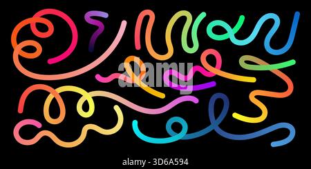 Abstract rainbow waves with flowing ribbons create dynamic motion. Bright neon swirls and organic curves form a playful 3D background ideal for modern Stock Vector
